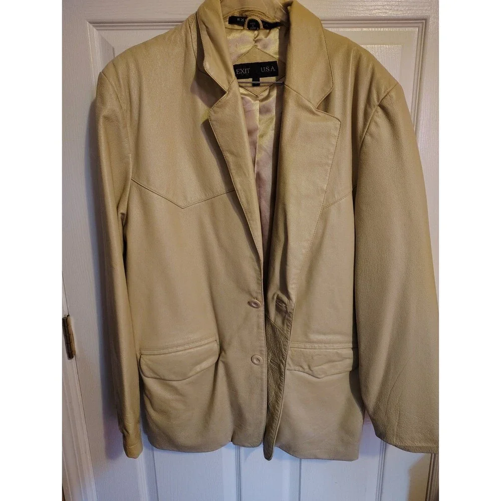 Vintage EXIT U.S.A. Mens Beige Leather Blazer Jacket, Solid, Size L